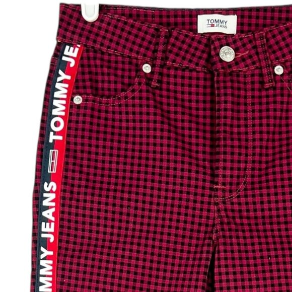 Tommy Jeans Women Red/Black Plaid Stretch Skinny Jeans Sz 2/26 Brand Stripe NWOT - Picture 5 of 12